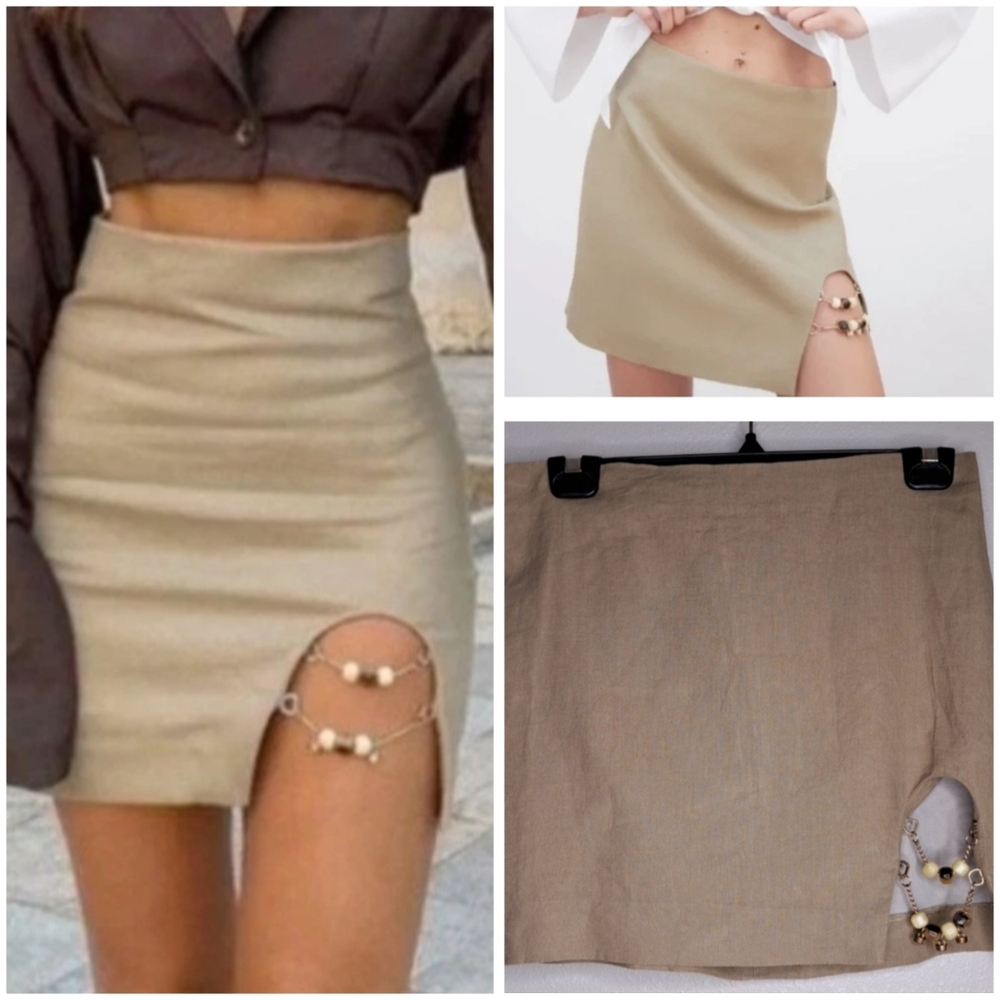 Zara Linen Mini Skirt Nude Chain Faux Pearls Embellishment Boho Summer L